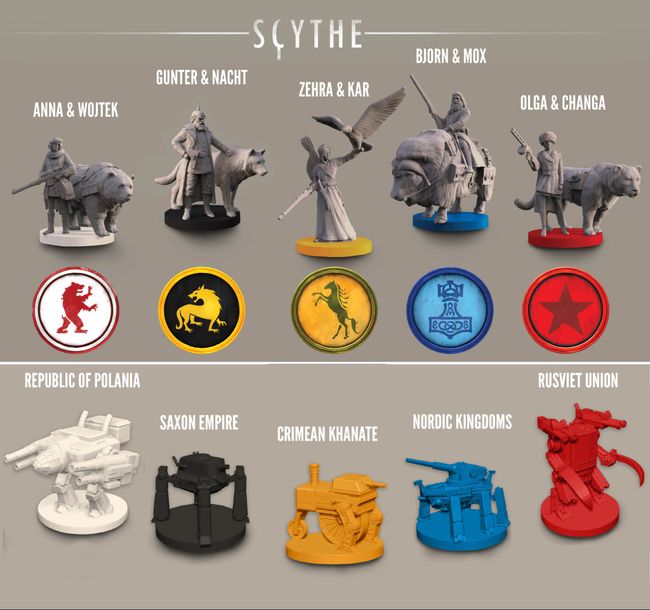 Each nation has a hero and a different style mech Scythe hero minis and mechs